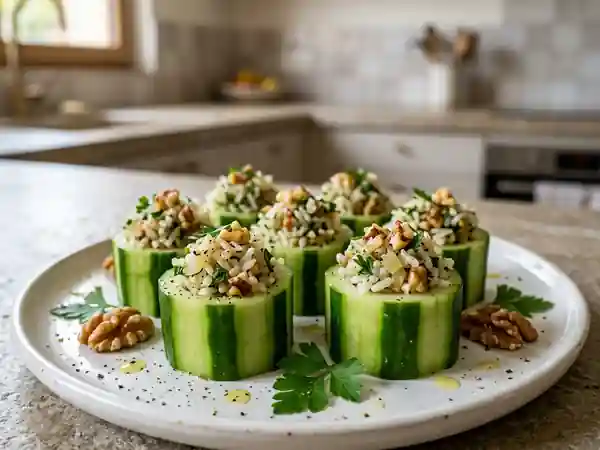 Pagodes de concombre croquantes au riz et noix - Photo de présentation