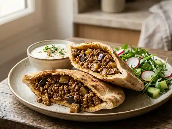 Pita d'agneau fondant aux aubergines épicées - Photo de présentation