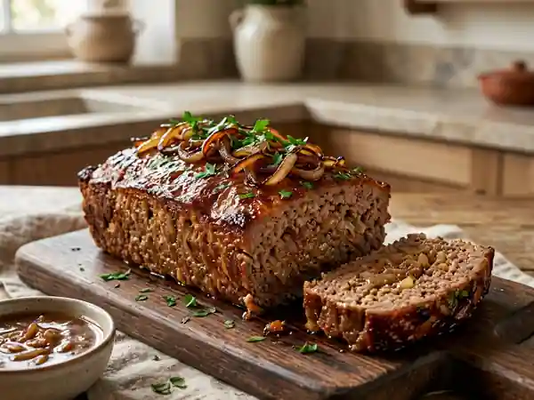 Pain de viande savoureux à l'oignon caramélisé - Photo de présentation