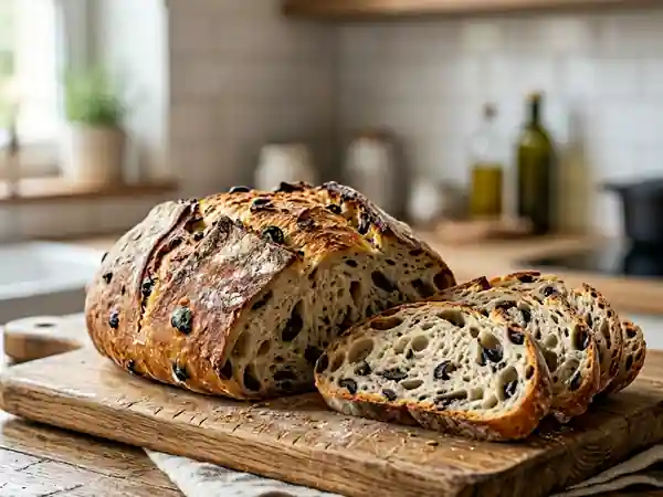 Pain rustique aux olives noires et huile d'olive - Photo de présentation