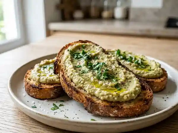 Pain toasté croustillant à la purée de fèves maison - Photo de présentation