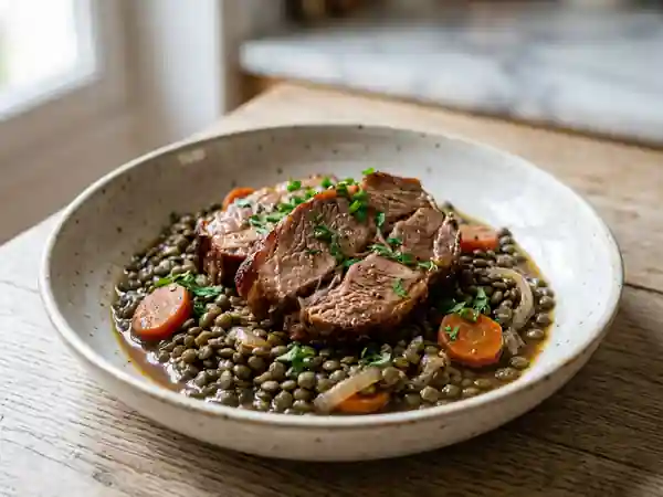 Palette de porc mijotée aux lentilles vertes : recette traditionnelle savoureuse - Photo de présentation