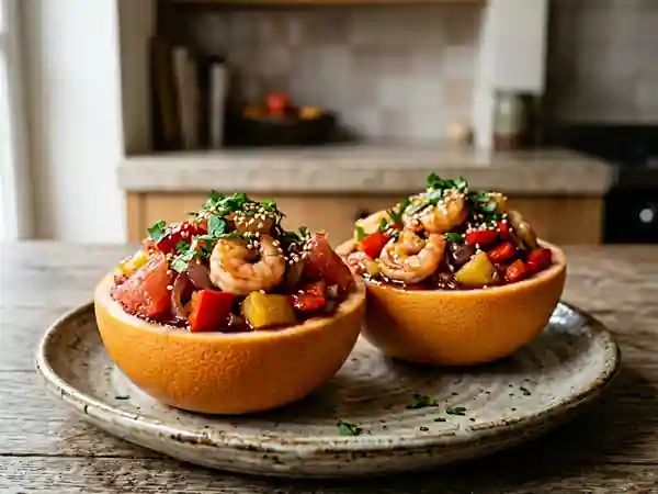 Pamplemousse farci crevettes, miel et gingembre - Photo de présentation