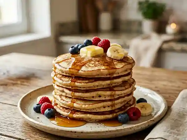 Pancakes moelleux à la farine de froment pour un petit déjeuner gourmand - Photo de présentation