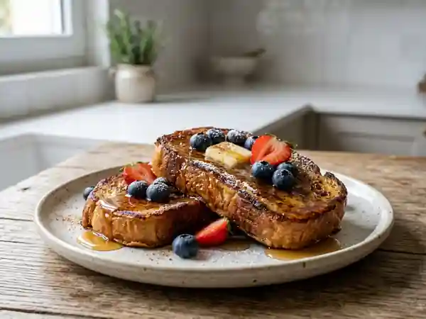 Pancakes de pain perdu dorés et moelleux - Photo de présentation
