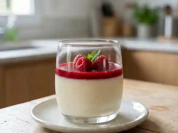 Panna cotta onctueuse à la vanille avec coulis frais de framboises - Photo de présentation