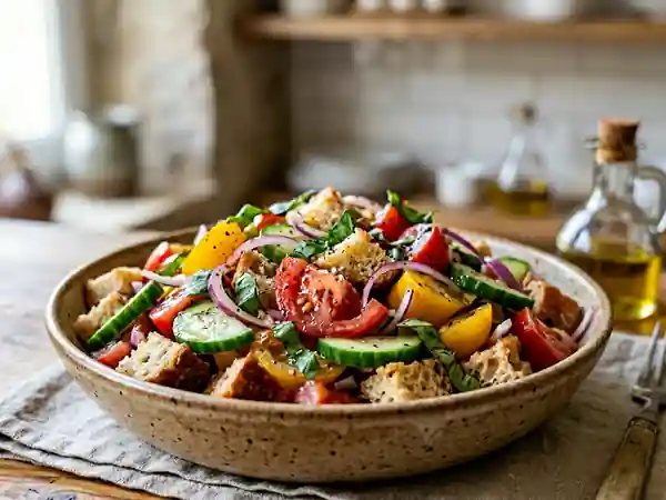 Panzanella toscane au basilic et tomates juteuses - Photo de présentation