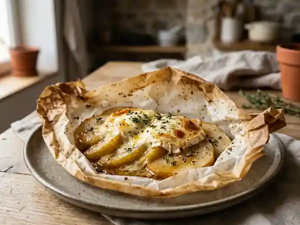 Papillote de chèvre chaud aux poires caramélisées, miel et thym - Photo de présentation