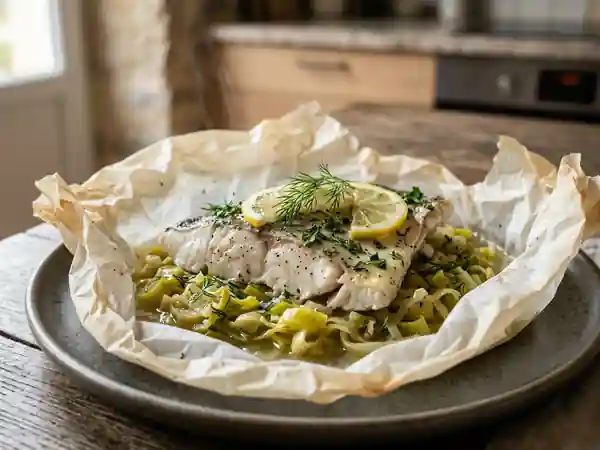 Papillote de daurade aux poireaux et vermouth : recette savoureuse et légère - Photo de présentation