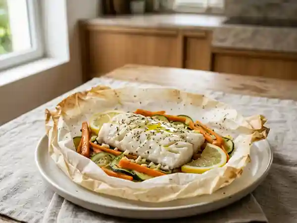 Papillote de filet de poisson délicieuse et légère pour une personne - Photo de présentation