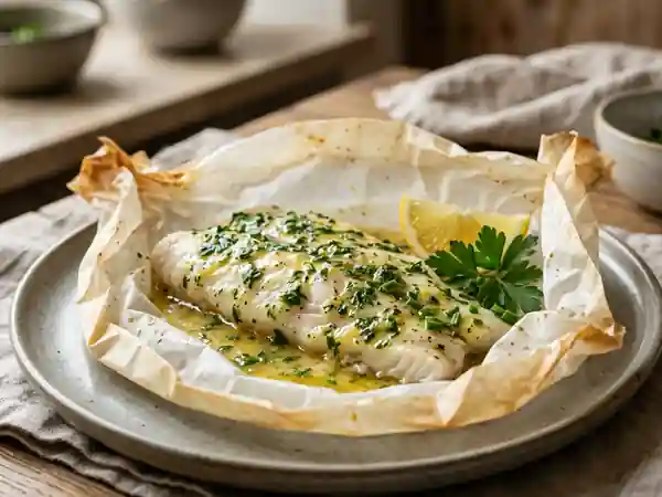 Lieu fondant au beurre d'herbes fraîches - Photo de présentation