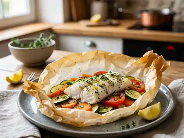 Papillote de poisson savoureuse aux légumes frais - Photo de présentation