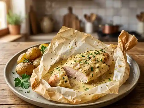 Poulet moelleux à la moutarde en papillote - Photo de présentation