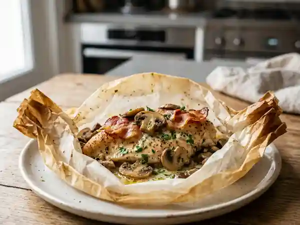 Papillote de poulet au bacon croustillant et champignons savoureux - Photo de présentation