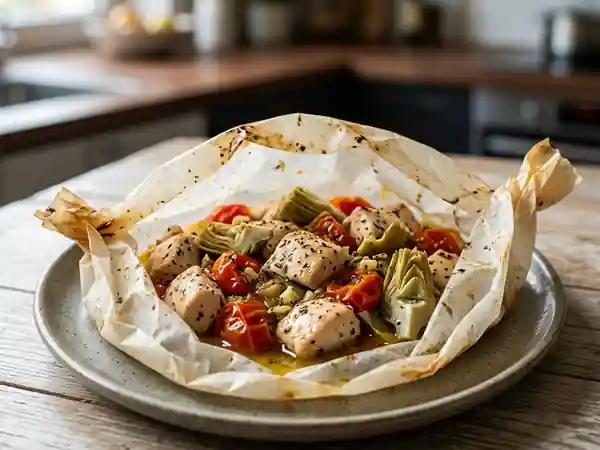 Poulet juteux aux artichauts et tomates confites - Photo de présentation