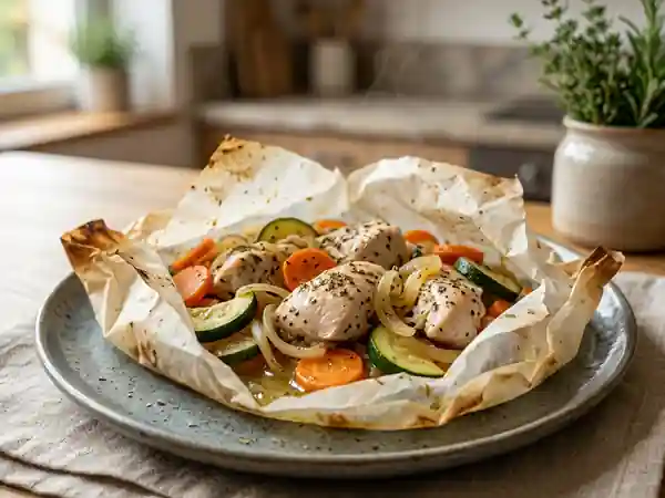 Papillote de poulet savoureuse aux légumes - Photo de présentation