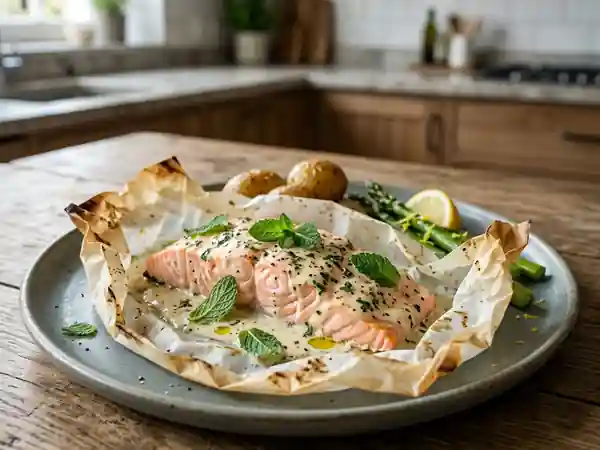 Saumon en papillote crème et menthe fraîche - Photo de présentation