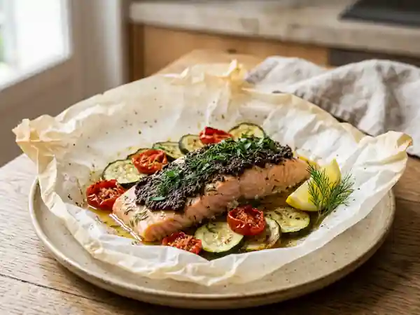 Saumon fondant à la tapenade et petits légumes - Photo de présentation