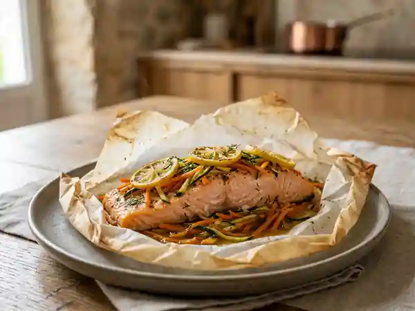 Saumon fondant en papillote et julienne croquante - Photo de présentation