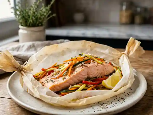 Papillote de saumon fondant et petits légumes - Photo de présentation