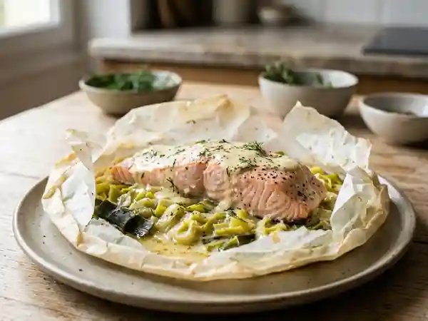 Papillote de saumon fondant aux poireaux : recette facile et savoureuse - Photo de présentation
