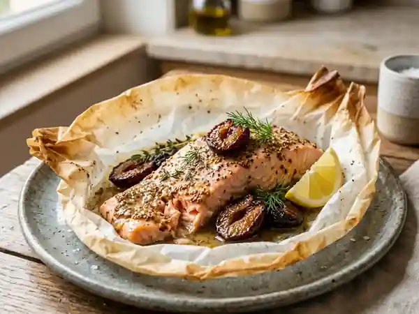 Papillote de saumon fondant aux pruneaux et moutarde douce - Photo de présentation