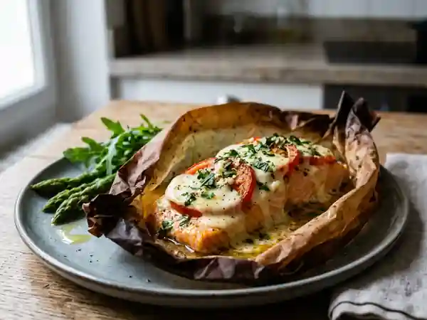 Saumon fondant à la mozzarella et basilic frais - Photo de présentation