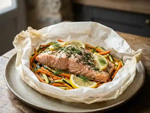 Saumon fondant aux petits légumes et aneth - Photo de présentation