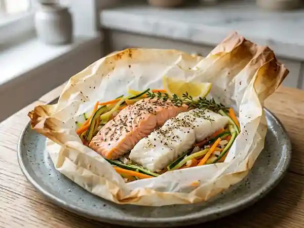 Papillote gourmande aux deux poissons : saumon et cabillaud - Photo de présentation