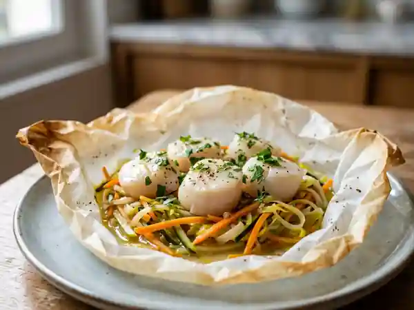 Papillotes de Saint-Jacques aux petits légumes frais, recette gourmande et légère - Photo de présentation