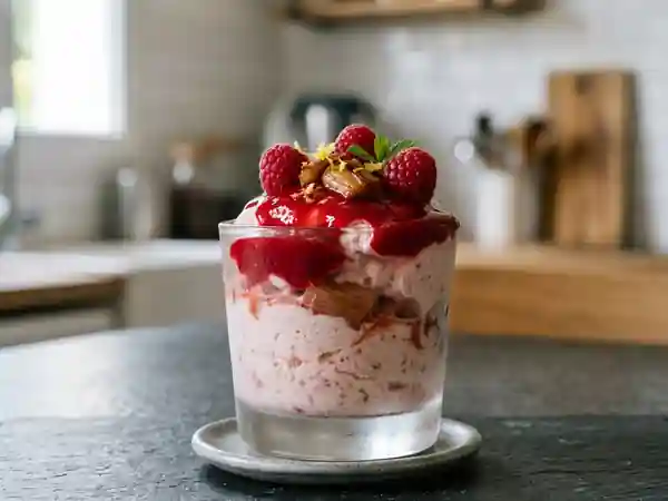 Parfait givré rhubarbe et coulis framboise - Photo de présentation