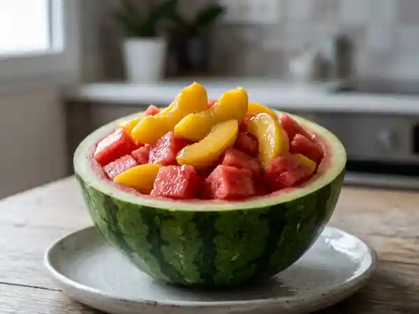 Pastèque fraîche et pêches pochées à la vanille - Photo de présentation