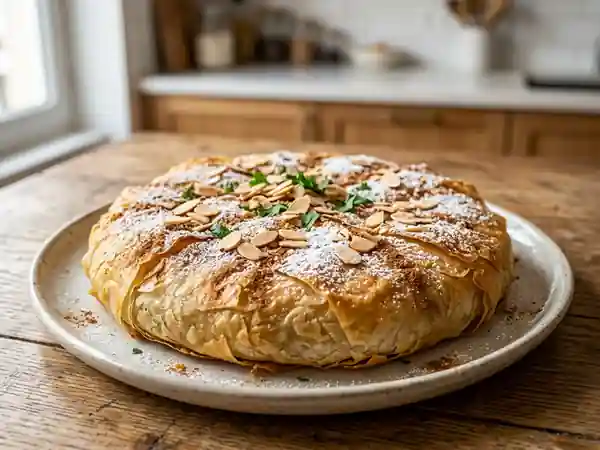 Pastilla au poulet croustillante et amandes - Photo de présentation