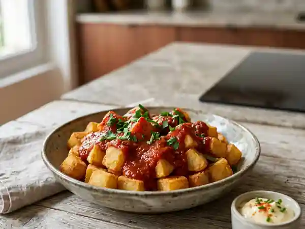 Patatas bravas : pommes de terre frites croustillantes à la sauce tomate épicée maison - Photo de présentation