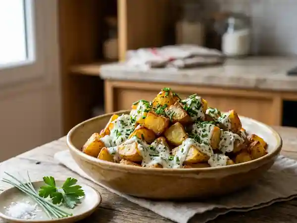 Patates rissolées, crème de yaourt aux herbes - Photo de présentation