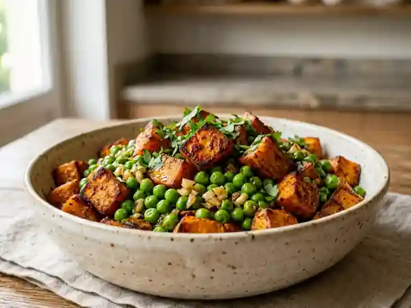 Patates douces rôties au paprika et petits pois - Photo de présentation
