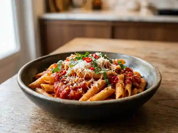 Penne à la sauce tomate piquante et basilic - Photo de présentation