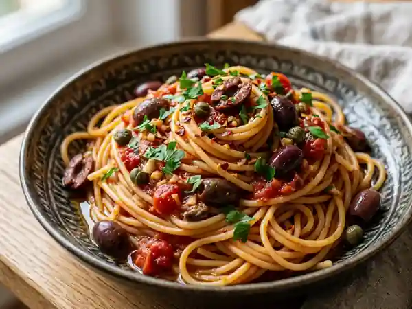 Pâtes à la sauce puttanesca authentique et savoureuse - Photo de présentation