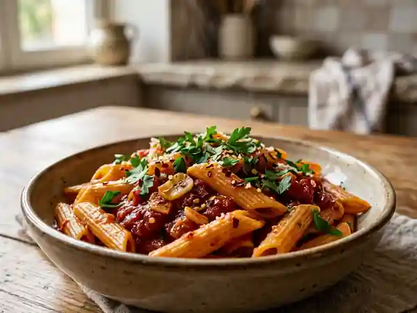 Penne all'arrabbiata relevées à l'ail - Photo de présentation
