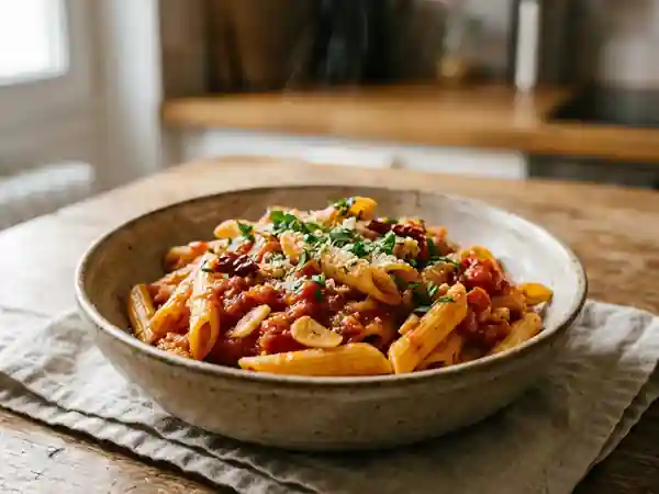 Penne all'arrabiata piquantes et aillées - Photo de présentation