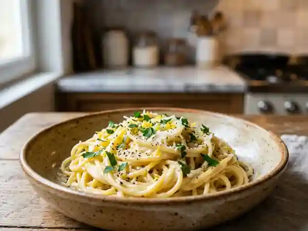 Pâtes crémeuses au citron et parmesan frais - Photo de présentation