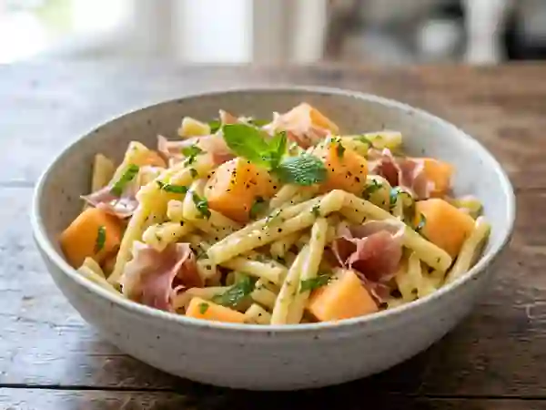 Pâtes au melon, jambon cru et menthe fraîche - Photo de présentation