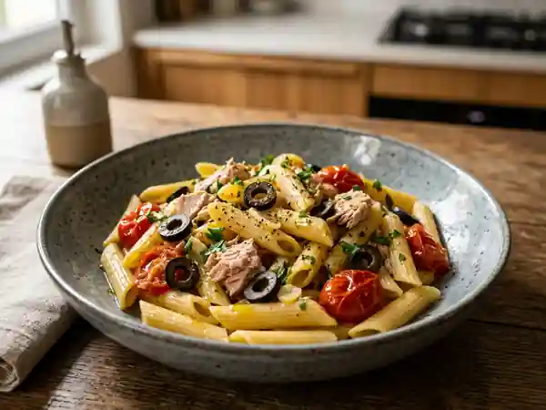 Pâtes au thon, olives et tomates fondantes - Photo de présentation