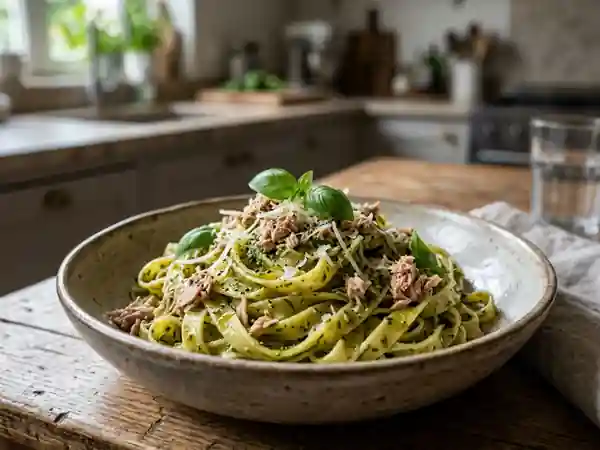 Pâtes au thon et pesto onctueux au parmesan - Photo de présentation