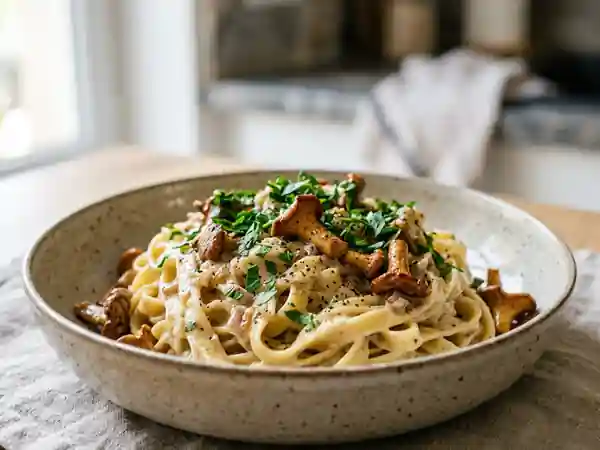 Pâtes crémeuses aux chanterelles et persillade - Photo de présentation