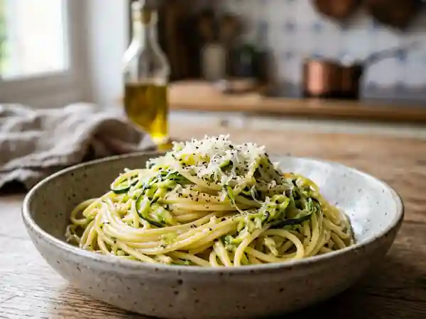 Pâtes crémeuses à la courgette et ail doré - Photo de présentation