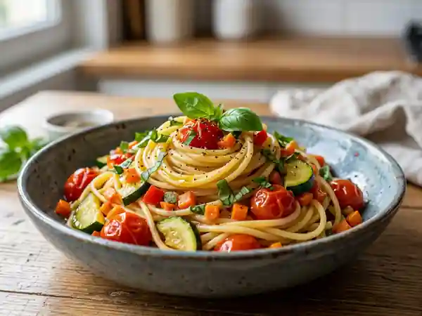 Pâtes fondantes au potager et basilic frais - Photo de présentation