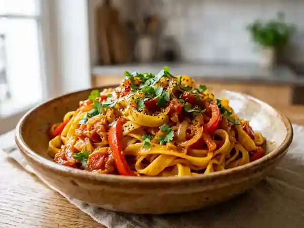 Pâtes au Curry et Poivrons Fondants - Photo de présentation