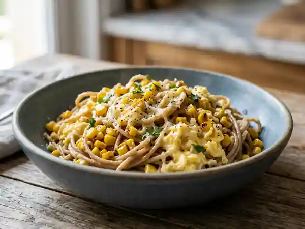 Pâtes au Maïs et Œufs Brouillés au Parmesan - Photo de présentation