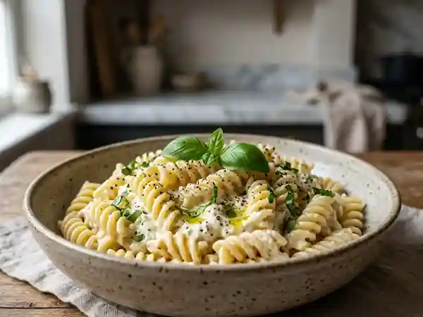 Pâtes crémeuses à la ricotta et basilic frais - Photo de présentation